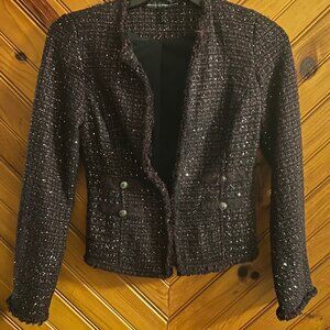 White House Black Market short holiday jacket in black and purple, Size 0
